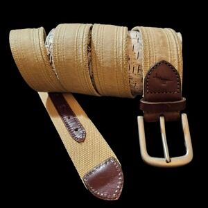 Tommy Bahama Men Belt Canvas Leather Trim XL 42-44 Tan Nautical Fish Logo Preppy